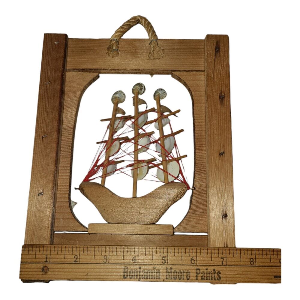 Vintage Handmade Wood Seashell Sail Boat Ship Wall Hanging Key Hooks Nautical - Picture 5 of 8